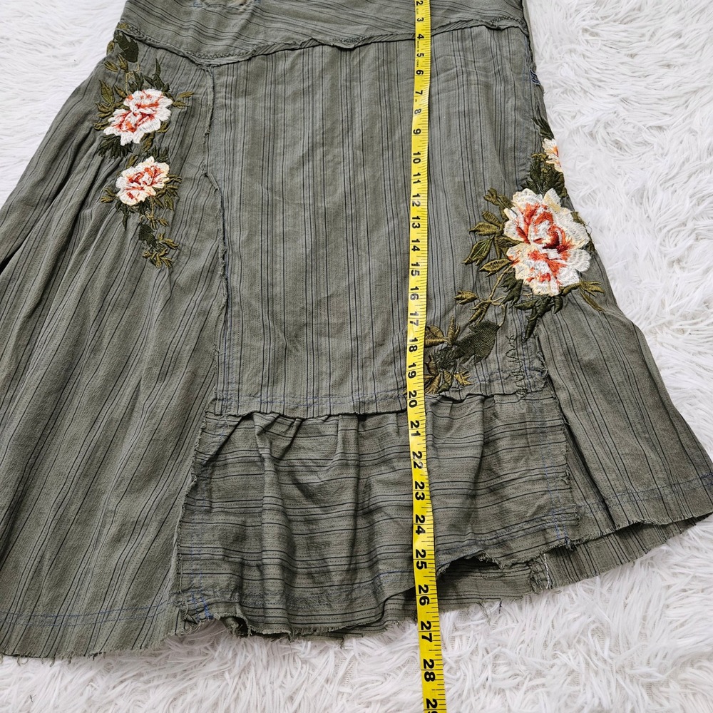 3J Workshop Olive Green Pinstripe Floral Embroidered Asymmetrical Midi Skirt 6 - Picture 6 of 10